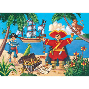 A 36 piece puzzle picturing a pirate and his treasure. The puzzle also includes a pirate boat, a monkey, a second pirate, and a beach.