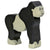 A wooden gorilla figure on its hands and feet. The arms, head, and legs are black. The feet, belly, face, and hands are grey.