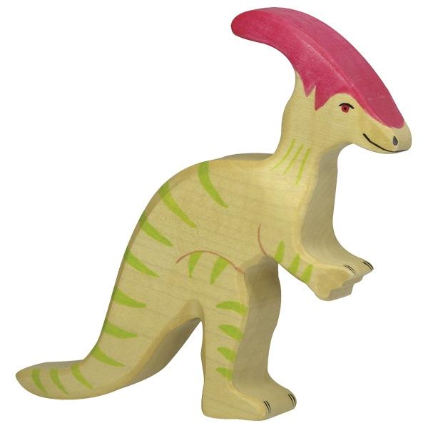A parasaurolophus wooden figure in natural wood with painted lime green stripes down its back, along its throat, and along its arms and legs. The top of its head and eyes are painted red.
