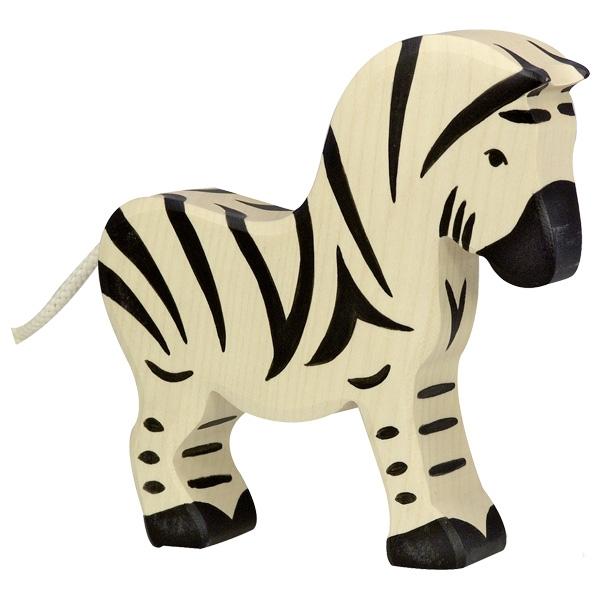 A zebra wooden figure painted white with black stripes. Black paint is used for the face and feet details. A white rope is used as its tail.