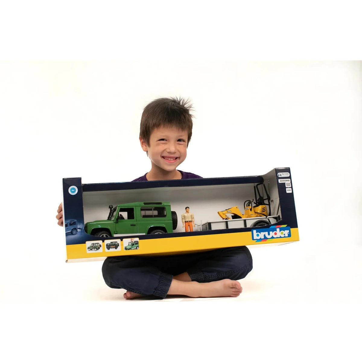 Bruder 02593 Land Rover Defender with Trailer, JCB Micro Excavator, and Worker