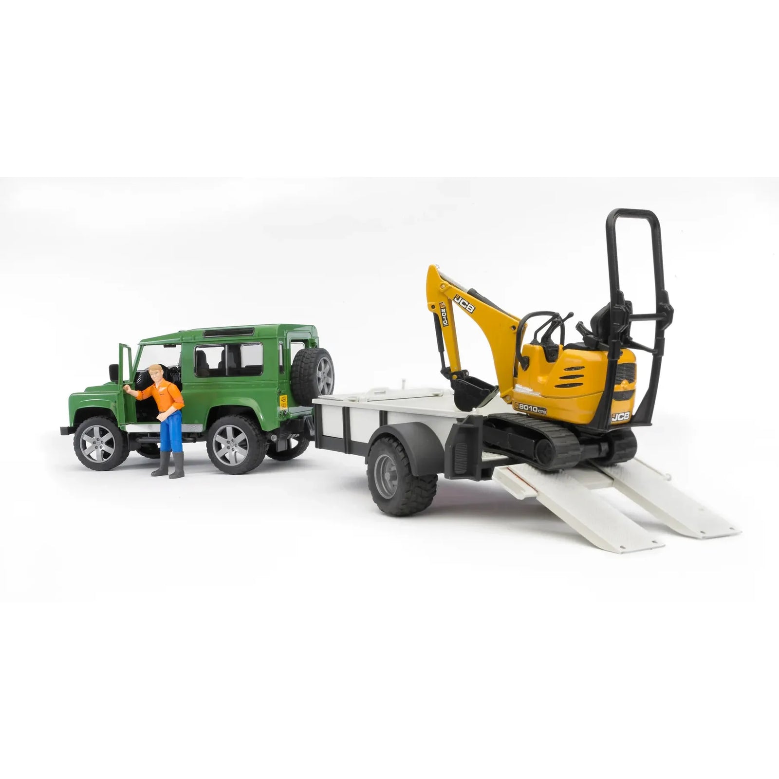 Bruder 02593 Land Rover Defender with Trailer, JCB Micro Excavator, and Worker