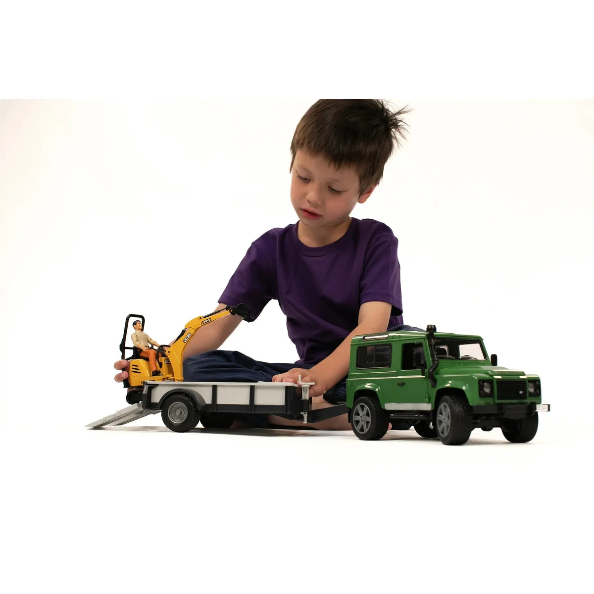 Bruder 02593 Land Rover Defender with Trailer, JCB Micro Excavator, and Worker