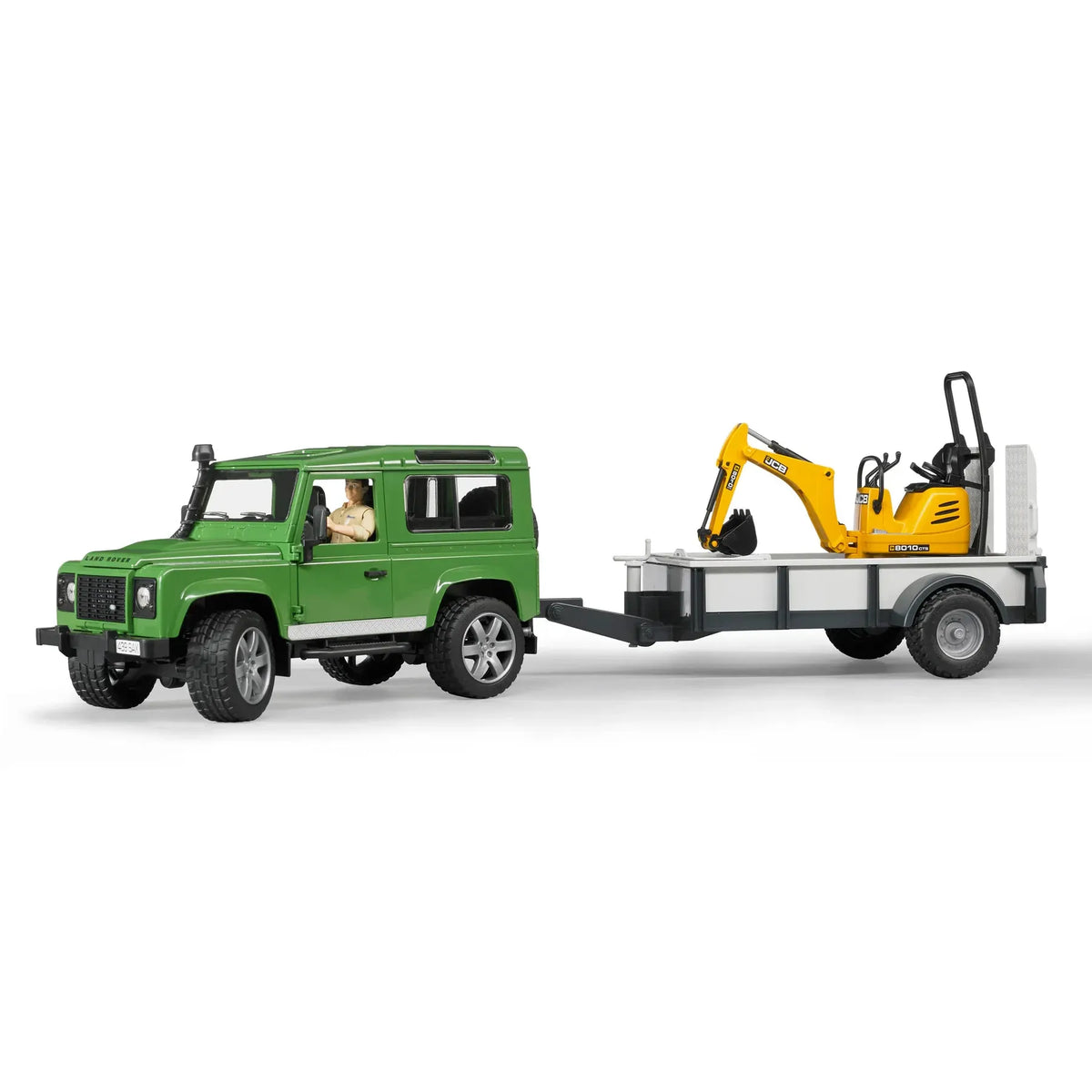 Bruder 02593 Land Rover Defender with Trailer, JCB Micro Excavator, and Worker
