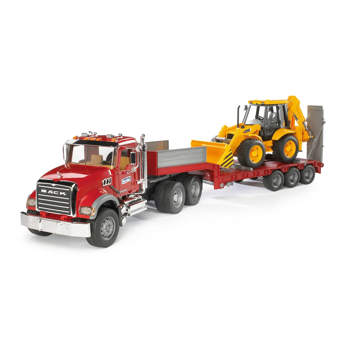 Bruder 02813 MACK Granite Truck with Low Loader and JCB Backhoe Loader