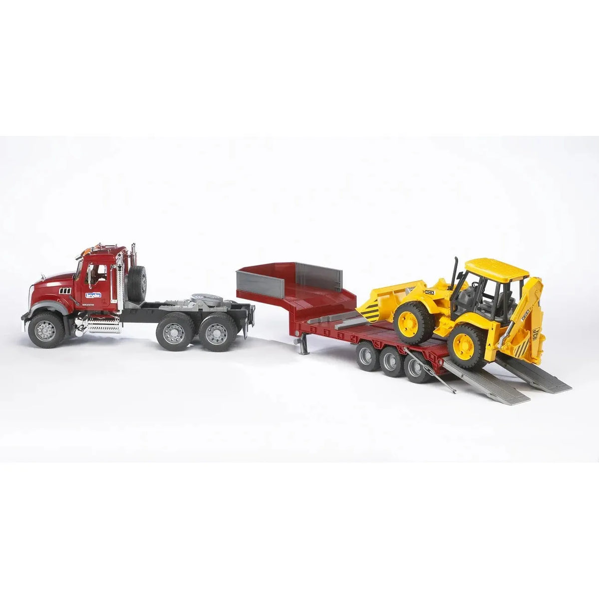 Bruder 02813 MACK Granite Truck with Low Loader and JCB Backhoe Loader