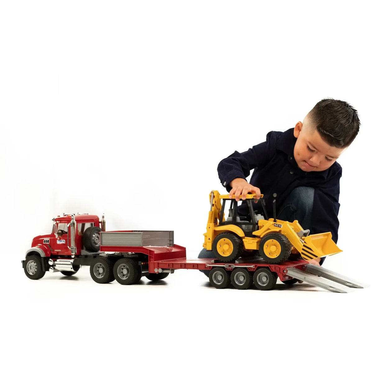 Bruder 02813 MACK Granite Truck with Low Loader and JCB Backhoe Loader