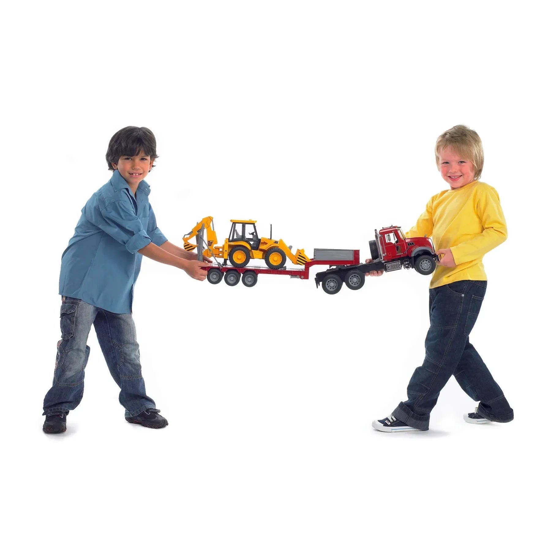 Bruder 02813 MACK Granite Truck with Low Loader and JCB Backhoe Loader