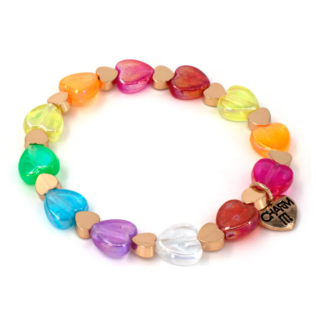 Charm It! Gold Rainbow Heart Stretch Bead Bracelet
