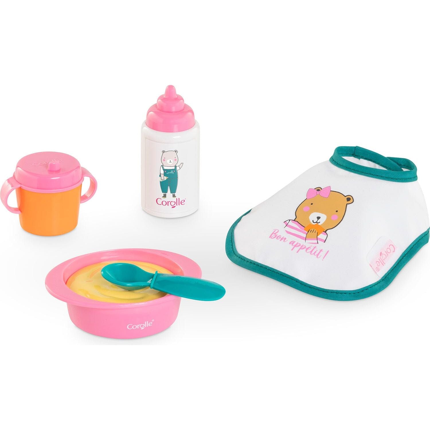 Corolle Mealtime Set for 12" Baby-- Pink/Teal