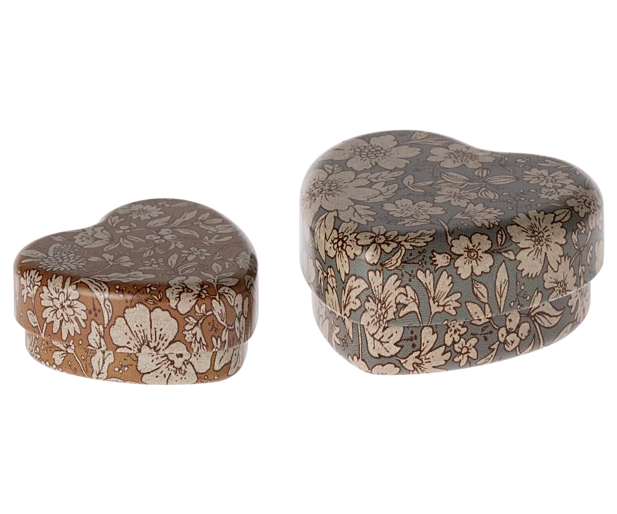 Maileg Metal Heart Box 2 Piece Set-- Blue/Ocher Blossom