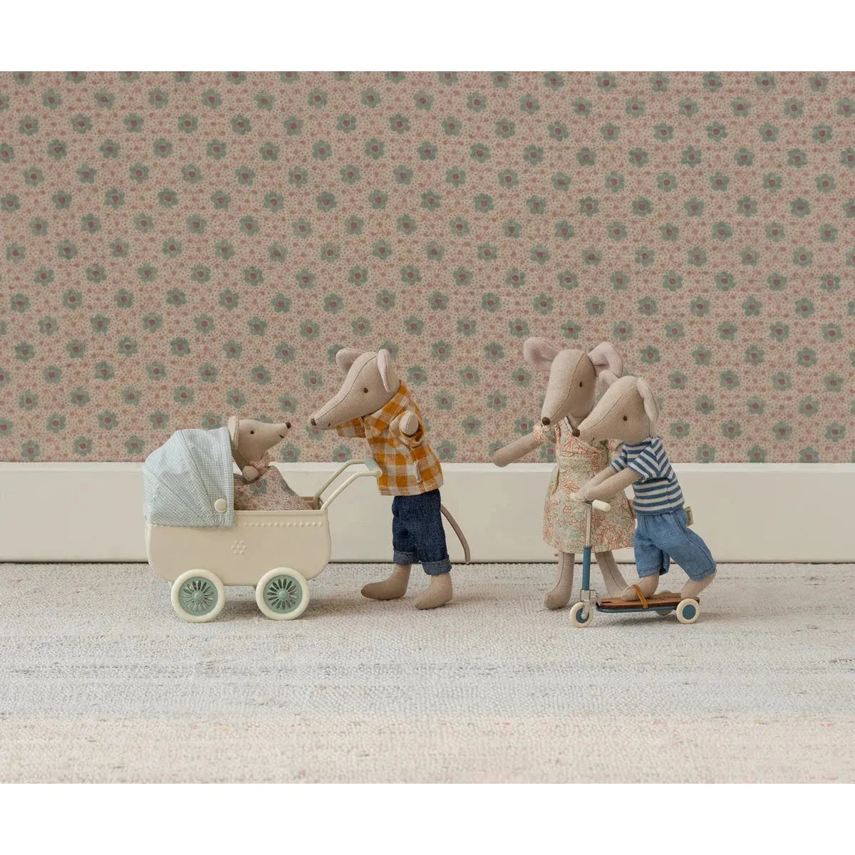 Maileg Pram with Baby Mouse -- Mint