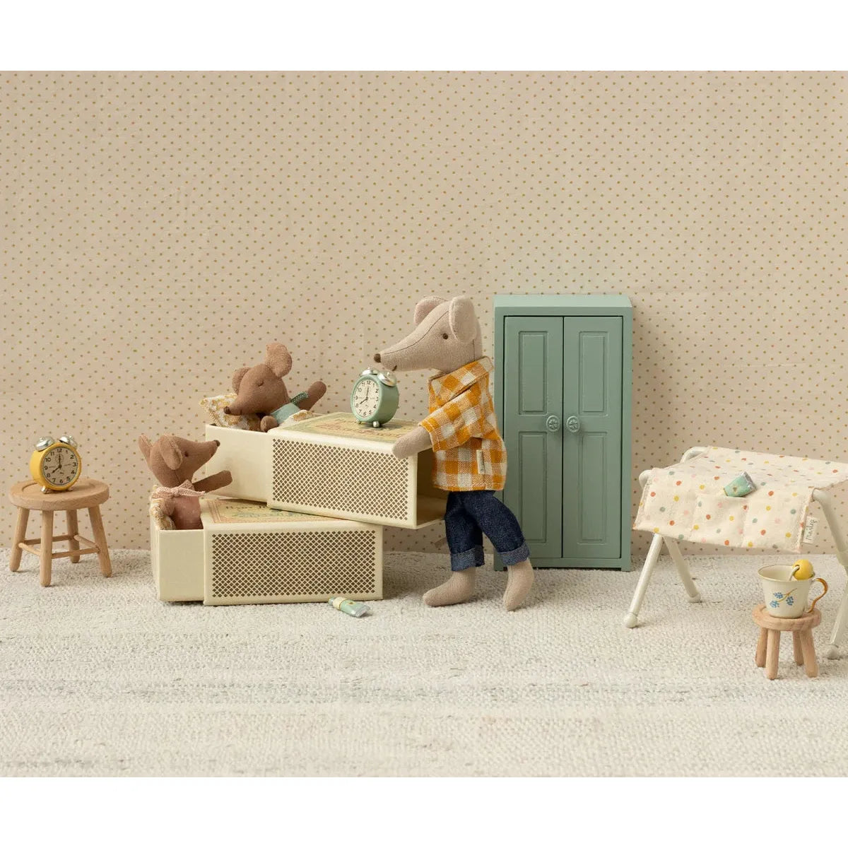 Maileg Sleepy Wakey Baby Mouse in Matchbox-- Blue