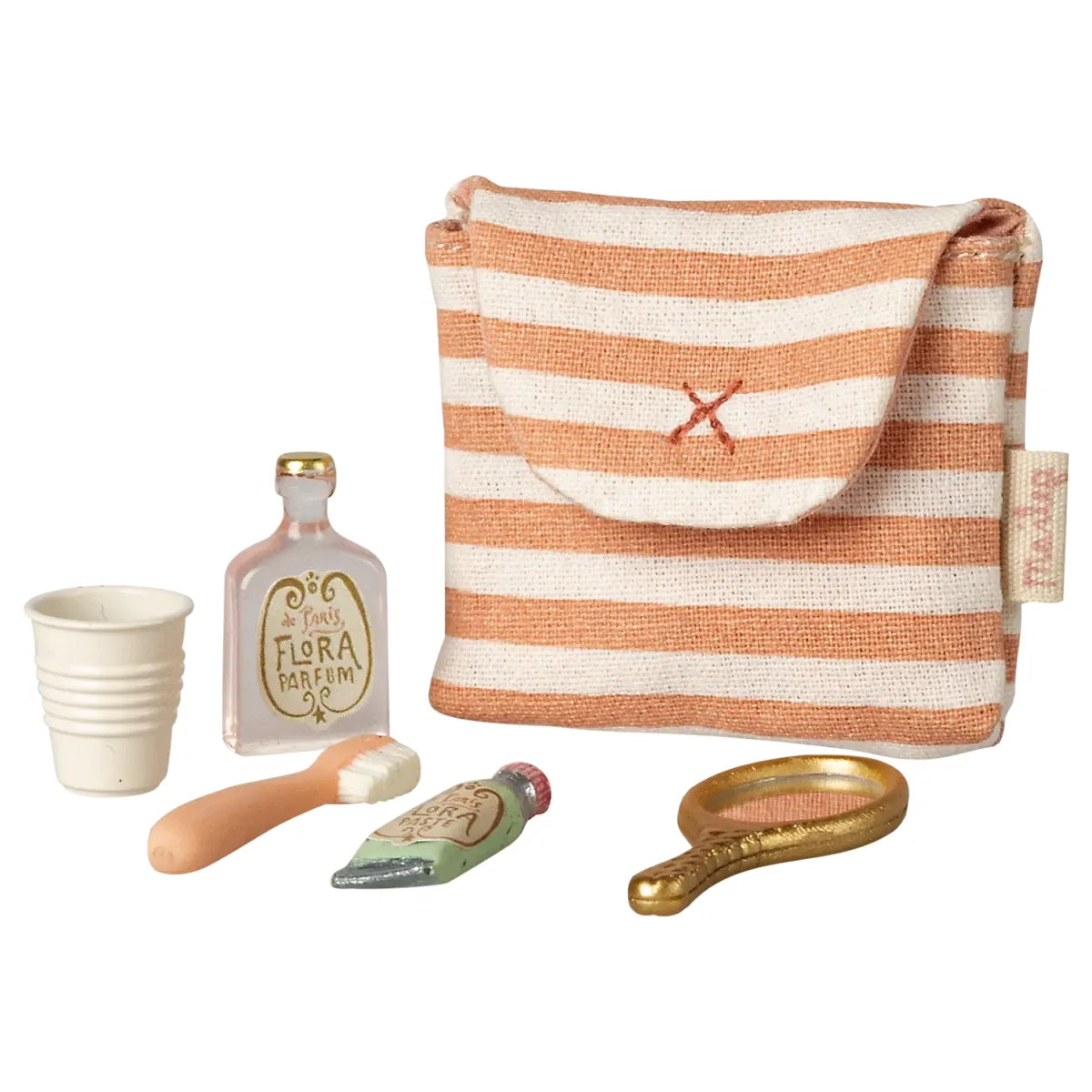 Maileg Toothbrush Set in Bag-- Mouse, Coral Stripe