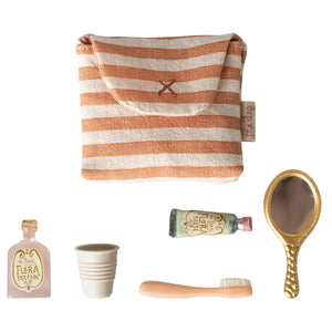 Maileg Toothbrush Set in Bag-- Mouse, Coral Stripe