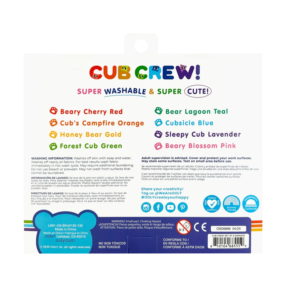 Ooly Cub Crew Washable Markers-- Set of 8