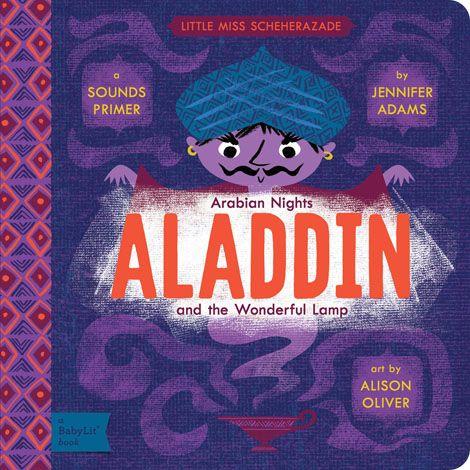 Aladdin and the wonderful lamp book cover. The cover is a deep purple with a genie on it.
