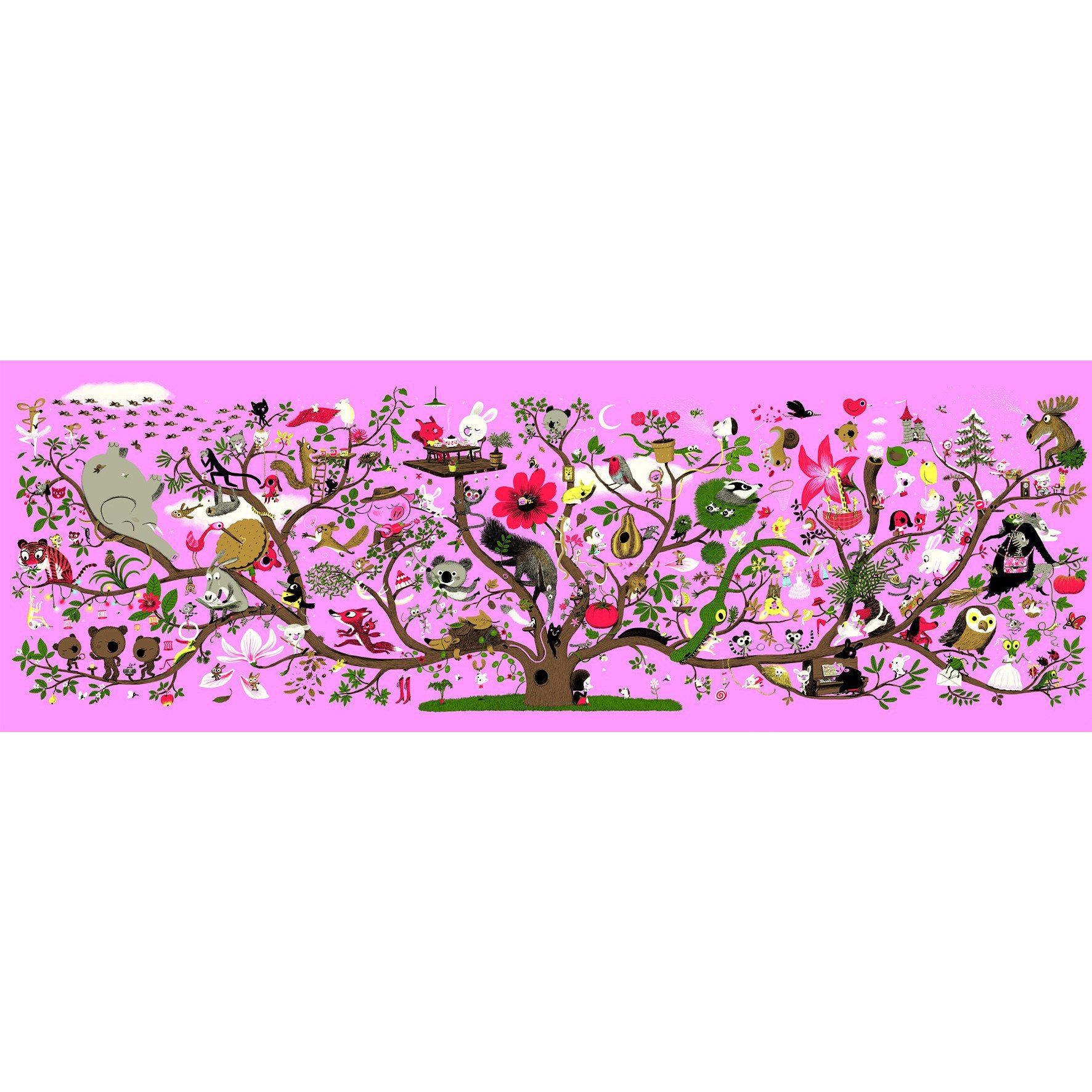 200 piece puzzle  picturing the full Arbracadabra Gallery Puzzle. Pictured are jungle animals playing in large tree branches on a pink back ground.