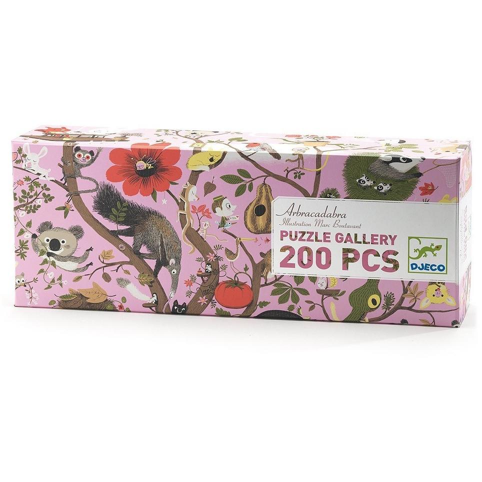 200 piece puzzle  picturing the full Arbracadabra Gallery Puzzle. Pictured are jungle animals playing in large tree branches on a pink back ground.