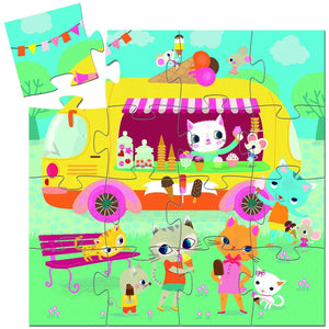 Ice Cream Truck puzzle featuring a bright yellow ice cream truck with a cat serving ice cream. Other cat characters play in a park while eating ice cream. Two mice eat ice cream on top of the truck.