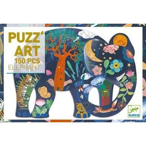 This puzzle is in the shape of an elephant. Within the elephant are pictures of things that can be found in the jungle such as a tiger, a tall tree, flowers, and more.