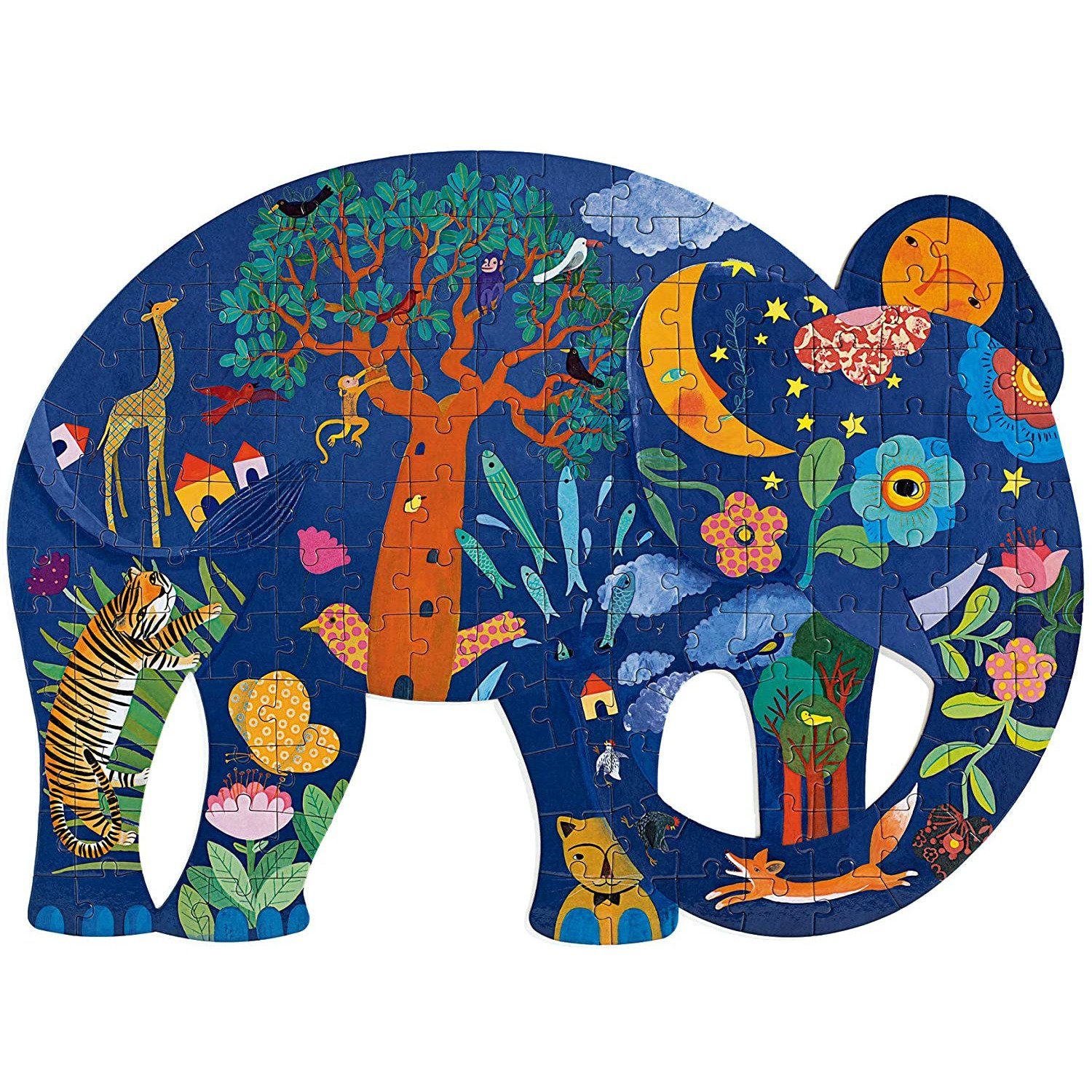 This puzzle is in the shape of an elephant. Within the elephant are pictures of things that can be found in the jungle such as a tiger, a tall tree, flowers, and more.