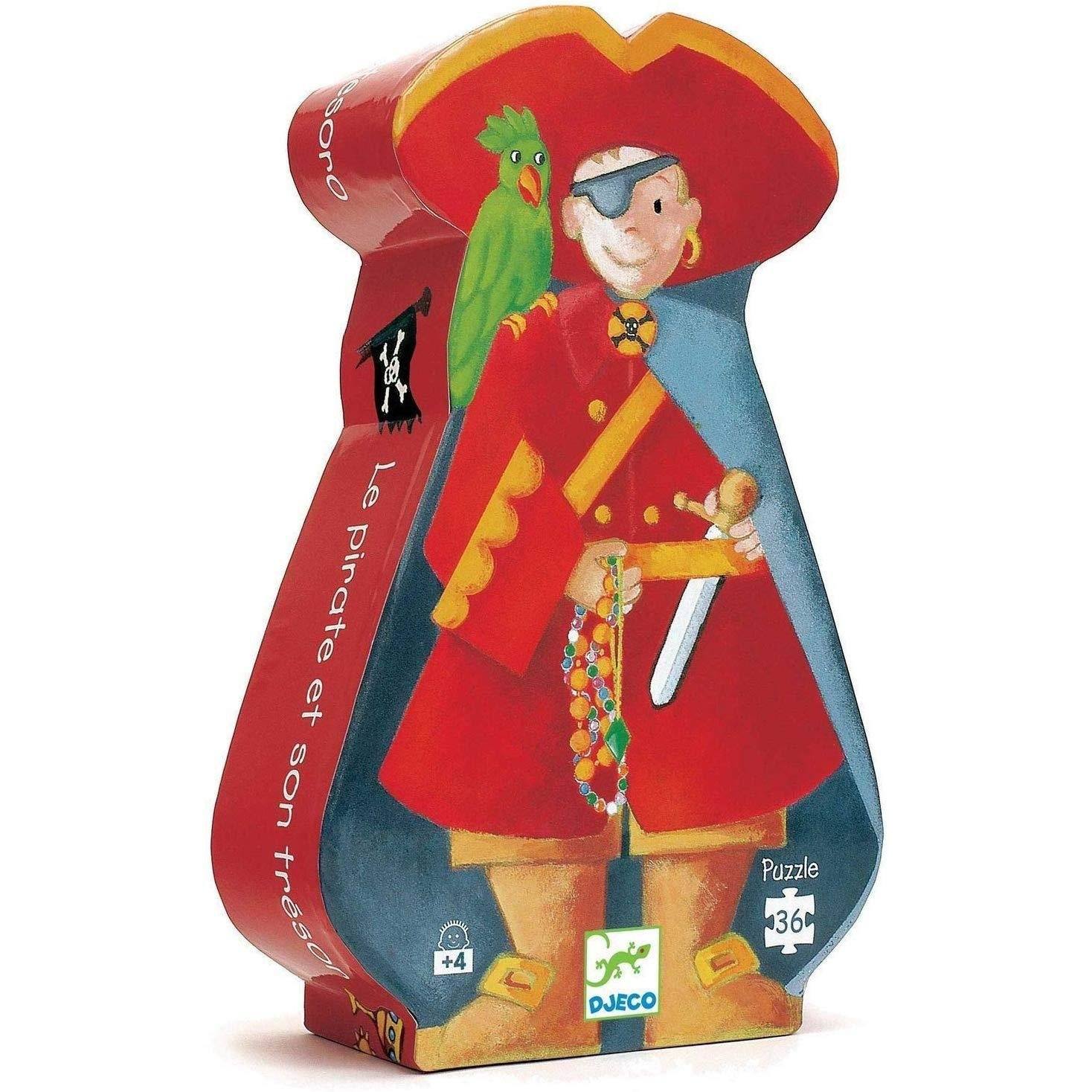 Puzzle box (container) picturing the main pirate in all red with a green parrot on his shoulder. The box is the pirate's silhouette.