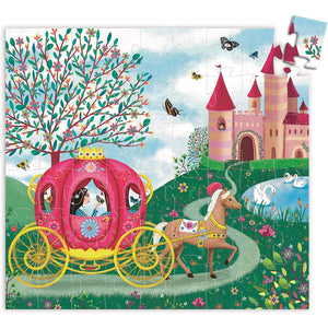 56 piece puzzle featuring Elise's carriage ride to a pink castle. The carriage is pink and the puzzle also pictures a horse and playful/bright scenery.