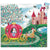 Box for Elise's carriage puzzle in the shape of a carriage. The carriage is bright pink , there are flowers on the ground, and butterflies featured.