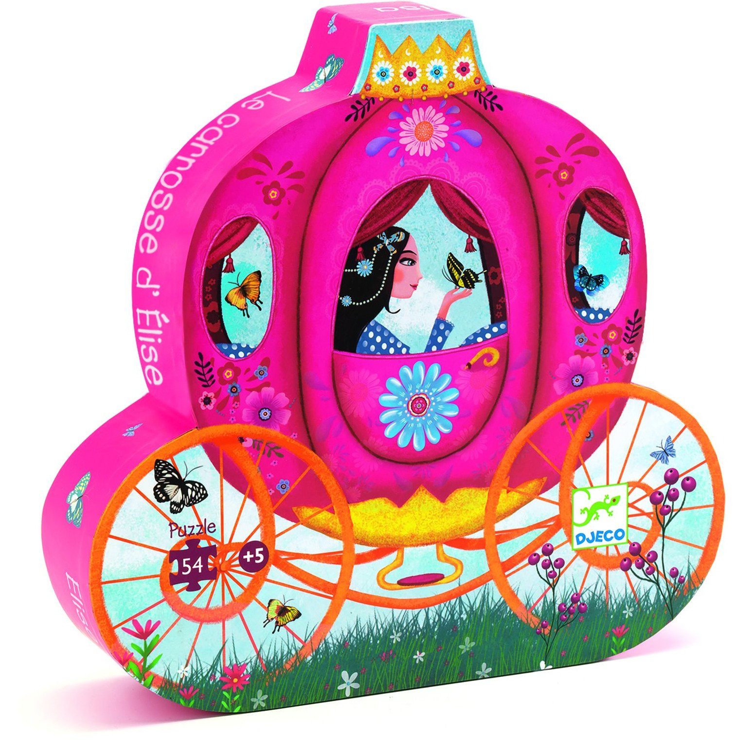Box for Elise's carriage puzzle in the shape of a carriage. The carriage is bright pink , there are flowers on the ground, and butterflies featured.