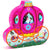 Box for Elise's carriage puzzle in the shape of a carriage. The carriage is bright pink , there are flowers on the ground, and butterflies featured.