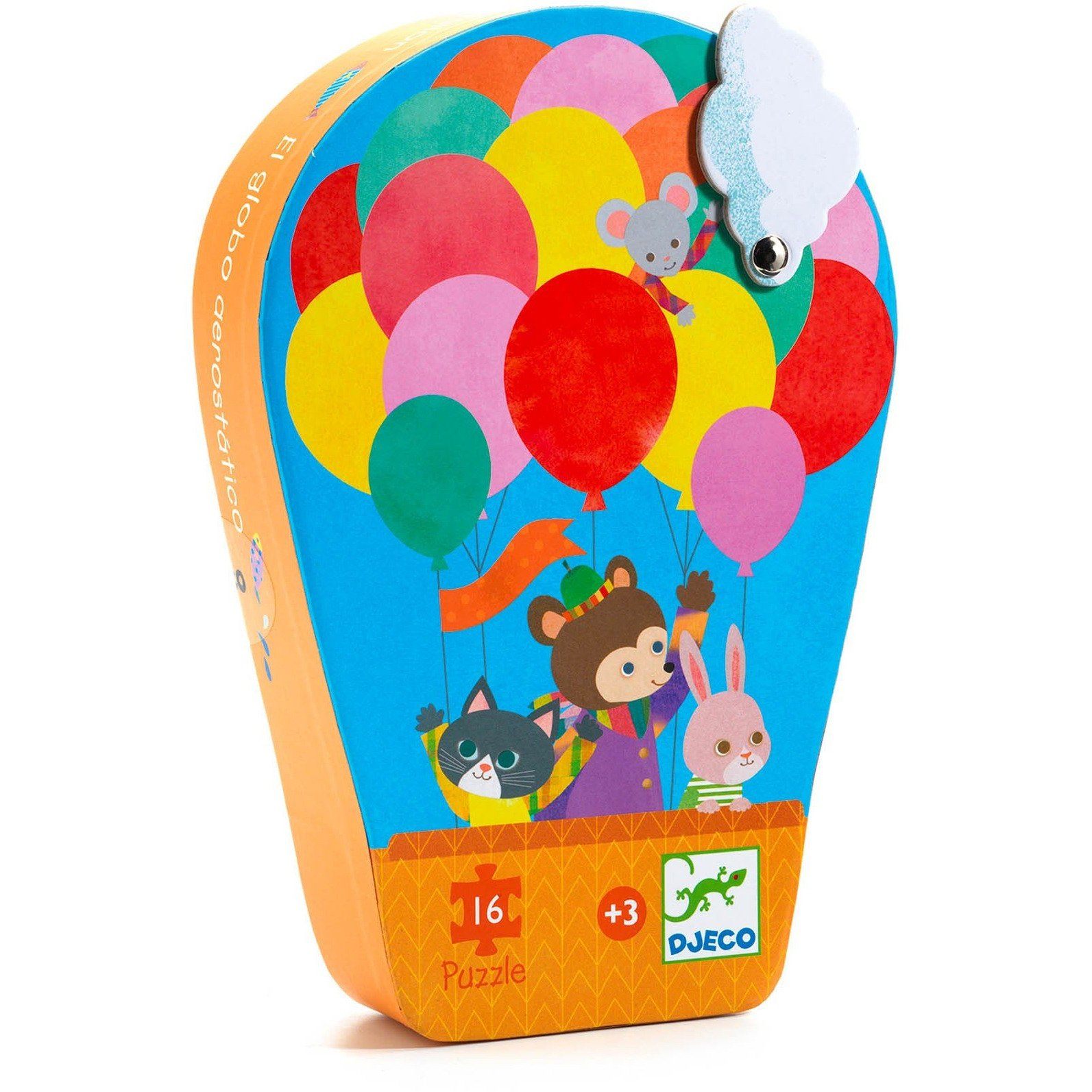 Brightly colored puzzle featuring 4 animal friends on a hot air-ballon ride. Pictured is the storage box in the shape of the hot-air balloon