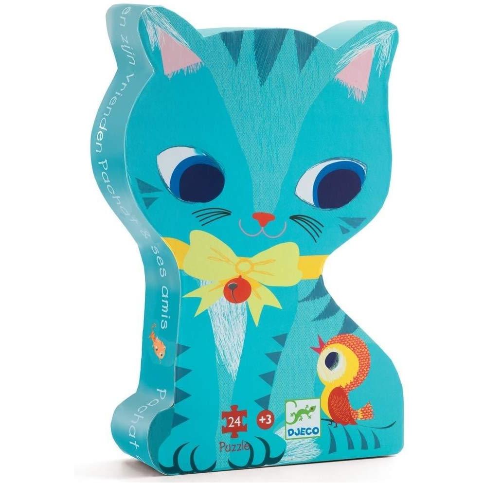 Storage box in the silhouette of a cat. The cat is colored blue with a yellow ribbon as her collar. A small bird is sitting on her tail.