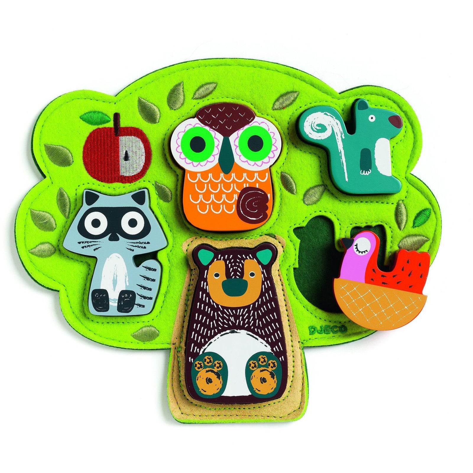 5 wooden friends sit on a bright green tree. Characters include a bear, a fox, a owl, a squirrel, and a bird.
