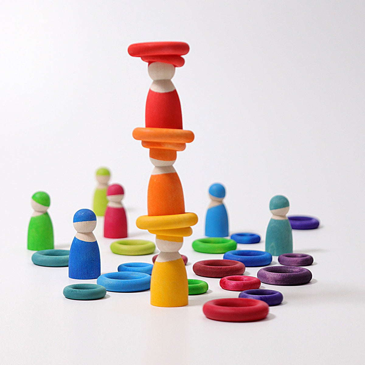 rainbow building rings being used to stack rainbow friends vertically