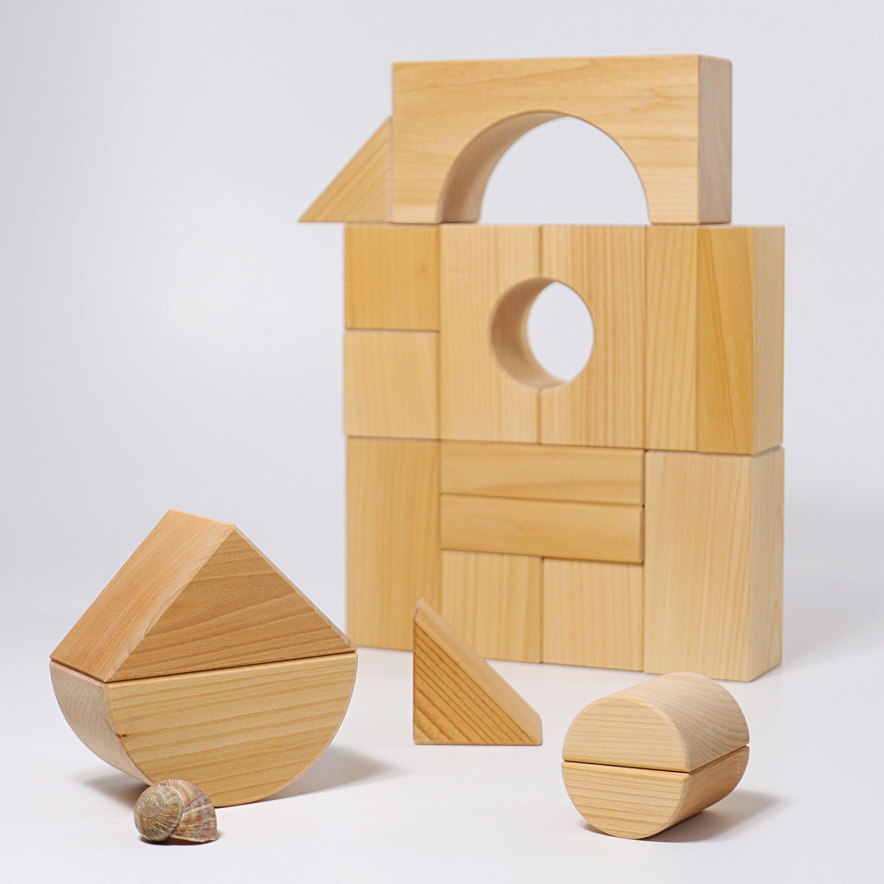 giant building blocks, natural wood finish; seas shell in picture to show size