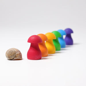 rainbow mushrooms with color-matched tops and bottoms. The mushrooms include 12 pieces -- six caps and six bottoms/stems. The six rainbow colors are red, orange, yellow, green, blue, and purple.