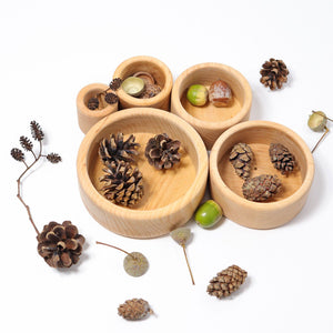 natural wooden bowls being used as sorting bowls for nature finds (pinecones, acorns, flowers, etc)