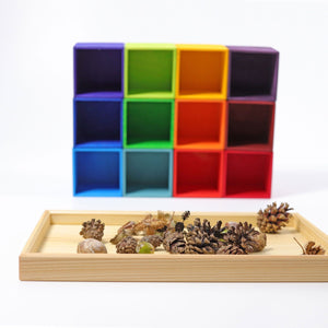 Rainbow boxes are out and stacked behind the frame. There are natural elements in the frame such as pine cones and acorns.