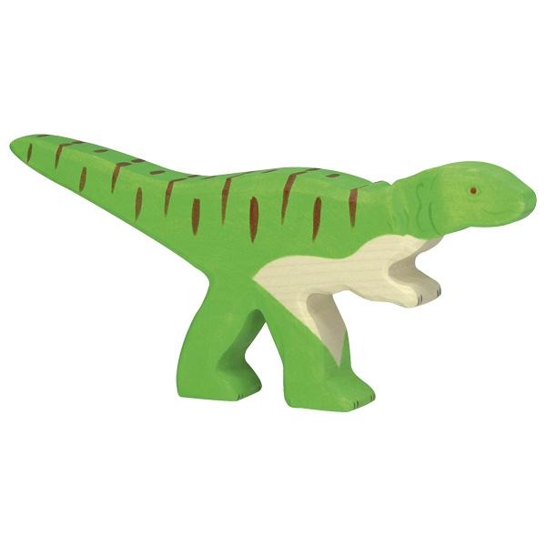 Wooden allosaurus figure painted bright green with brown stripes on its back and an unpainted chest.