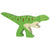 Wooden allosaurus figure painted bright green with brown stripes on its back and an unpainted chest.