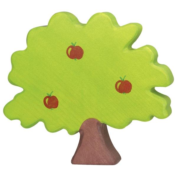 An apple tree wooden figure with a brown trunk and green leaves. There are three red apples painted in the leaves.