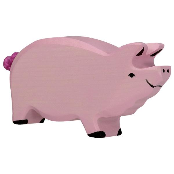 A boar shaped wooden figure painted pink with black paint used for face, ear, and feet detailing. Has a bright pink rope used for the tail.