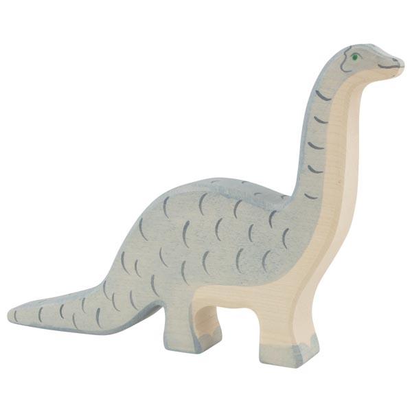 A wooden brontosaurus figure painted light blue with darker blue used for detailing. The chest and bottom of the neck are natural wood, not painted.