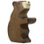 A small bear wooden figure painted brown with a white nose/mouth and dark paint used for face and claw detailing. The bear is sitting on its bottom with two arms in the air.