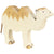 A camel wooden figure. Tan paint is used to detail the hair on the camel's humps and head. White/natural color is used for the camel's body, face, neck, and legs. Dark brown paint is used to detail the facial features and toes.