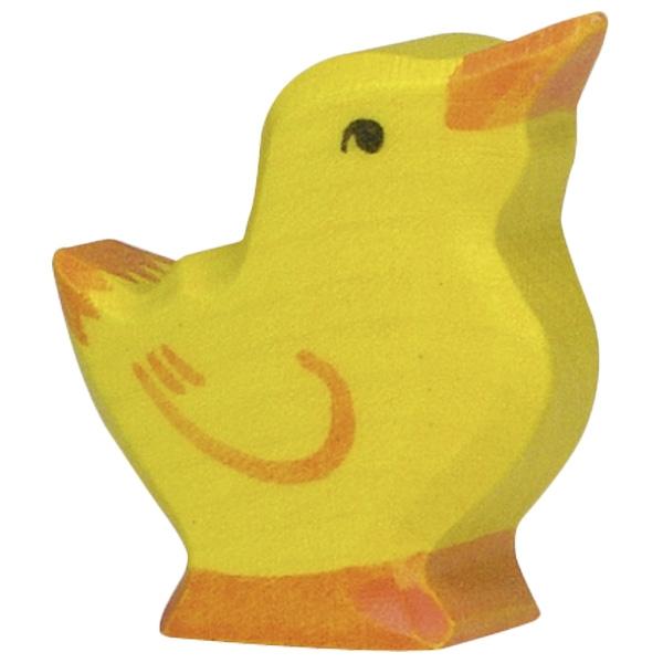 A duck wooden figure painted yellow. Orange paint is used to detail the beak, tail, feet, and wings. Black paint is used for the eyes.