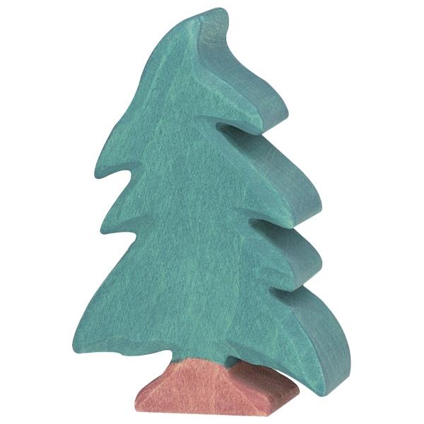 A small conifer wooden tree figure. The top is forest green and the trunk is painted brown.
