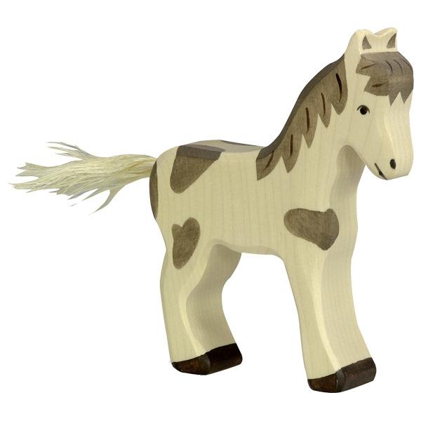 A foal wooden figure with grey spots and a grey mane.