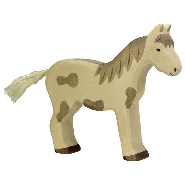 A horse wooden figure with grey spots and a grey mane.